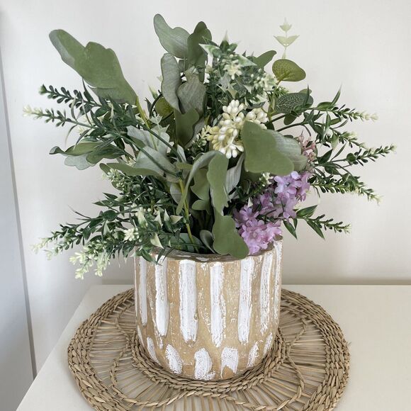 Handmade Faux Floral Lilac Arrangement in Wood Pot Home Decor Artificial Plant - Picture 3 of 6